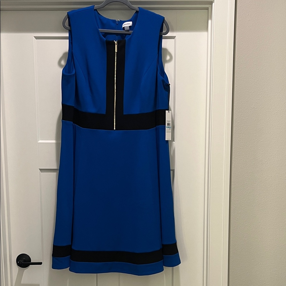 NEW Calvin Klein Royal Blue Sleeveless Dress with Black Accents